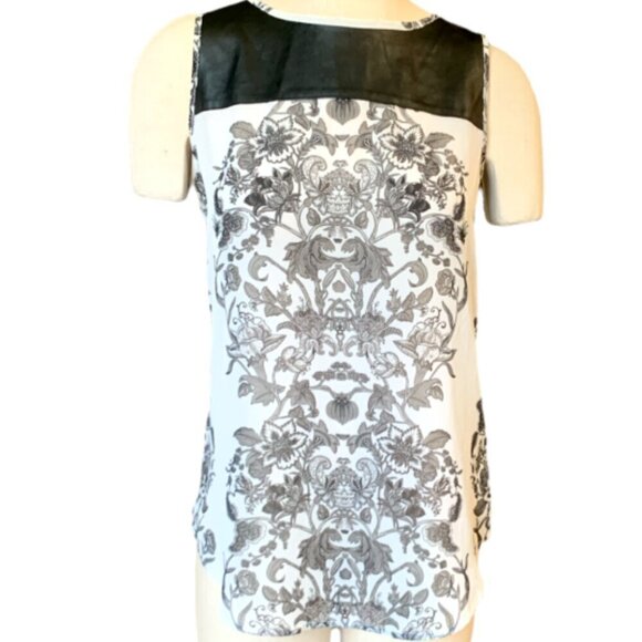 Bisou Bisou Sleeveless Top Mixed Media Faux Leather/Floral S Black & White 61E - Picture 1 of 8
